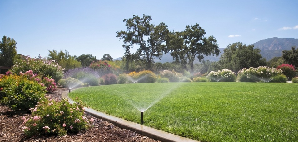 Installed irrigation sprinkler spraying water across a green garden bed