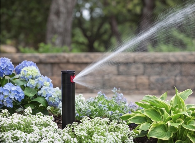 Installed sprinkler watering a garden bed with flowers and foliage
